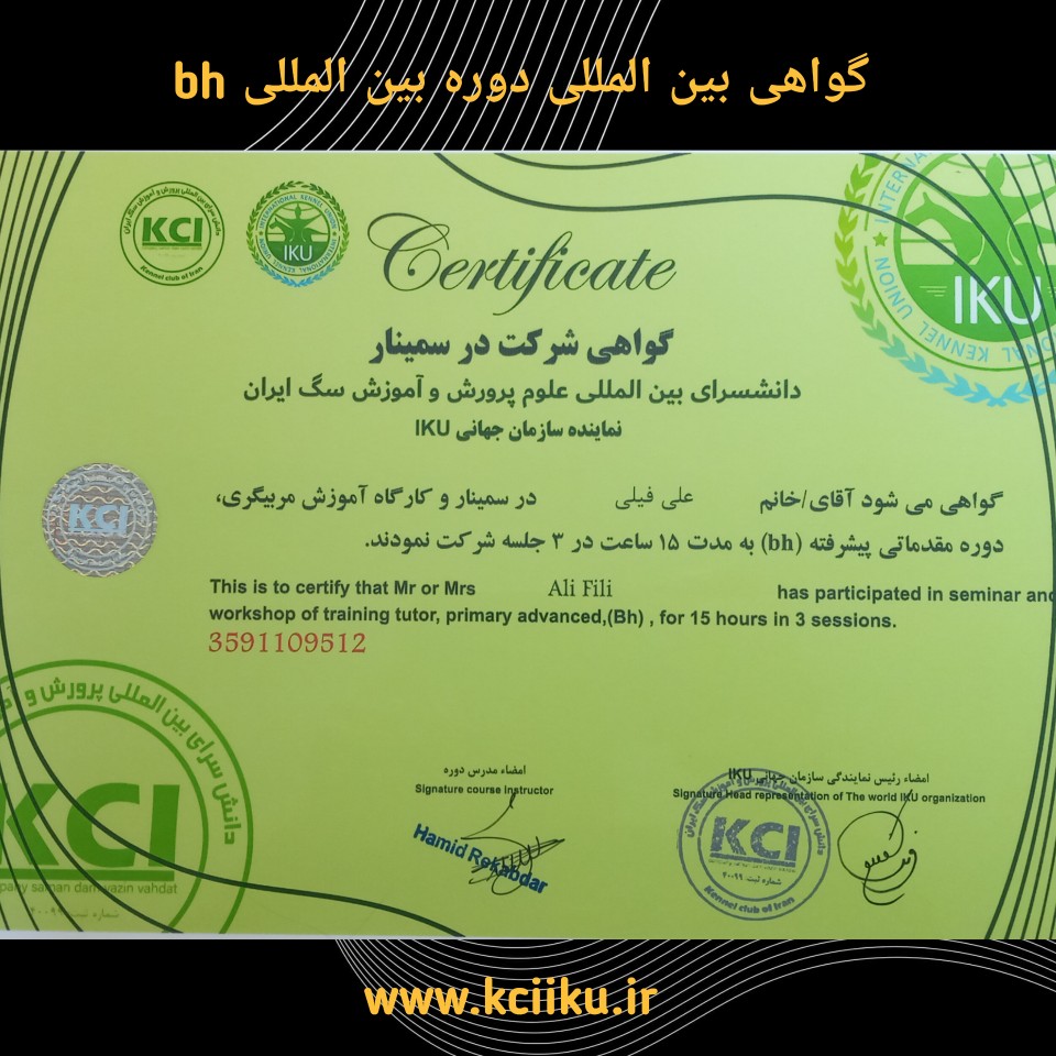 کلاس مربیگری سگ بی اچ با مدرک بین المللی مربیگری سگ kci 